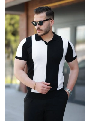Erkek Kısa Kollu Polo Yakalı Blok Desenli Triko Bluz