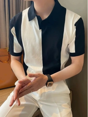 Erkek Kısa Kollu Polo Yakalı Blok Desenli Triko Bluz