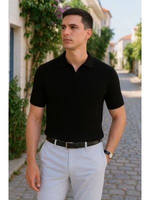 Erkek Kısa Kollu Yakalı çizgi Desenli Triko Bluz