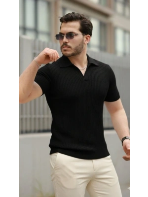 Erkek Kısa Kollu Yakalı çizgi Desenli Triko Bluz