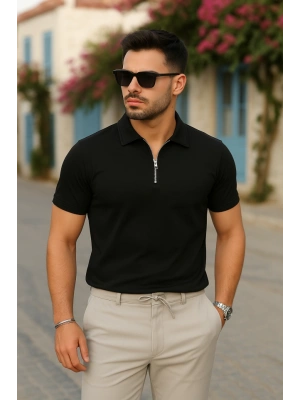 Erkek Kısa Kollu Yakalı önden Fermuarlı Viskon Iki Iplik Tişört