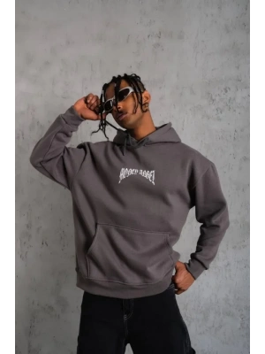 Erkek Kordon İpli Baskılı Kapüşonlu weatshirt  Füme