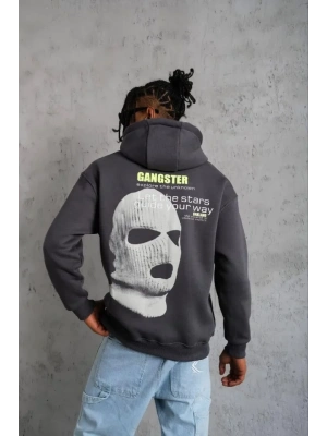 Erkek Kordonlu aske Baskılı Kapşonlu weat  Gri