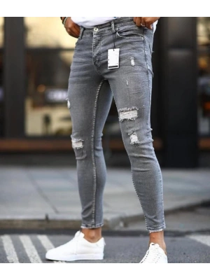 Erkek Koyu Gri Yırtık Detaylı Skinny Jean