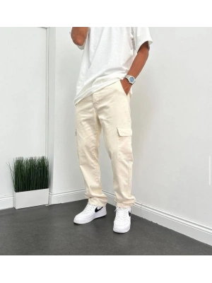 Erkek Krem Kargo Baggy Pantolon