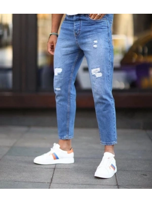 Erkek Mavi Yırtık Detaylı Boyfriend Jean