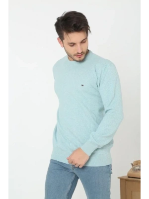 Erkek Nakış İşlemeli Peteli Triko Kazak  Mavi