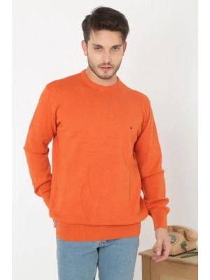 Erkek Nakış İşlemeli Peteli Triko Kazak  Turuncu