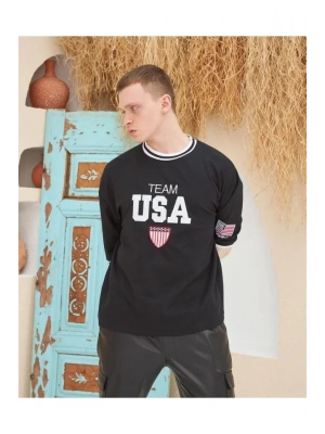 Erkek Nakış İşlemeli Ribanalı Oversize Tshirt  iyah