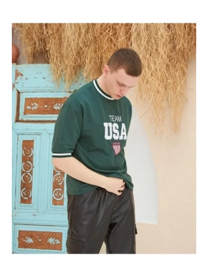 Erkek Nakış İşlemeli Ribanalı Oversize Tshirt  Yeşil