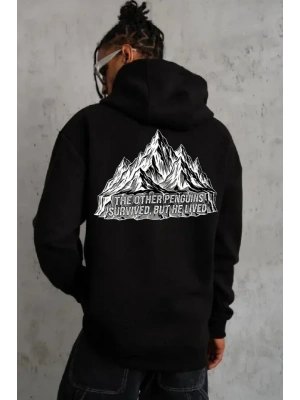 Erkek Nihilist Penguen Temalı Oversize Kapüşonlu weatshirt  iyah