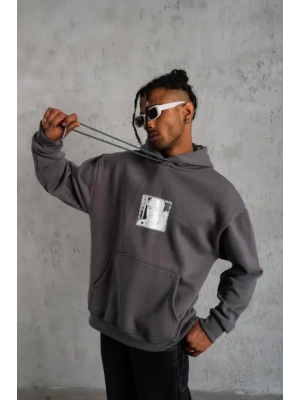 Erkek Ön Arka Baskılı Kapşonlu weat  Gri