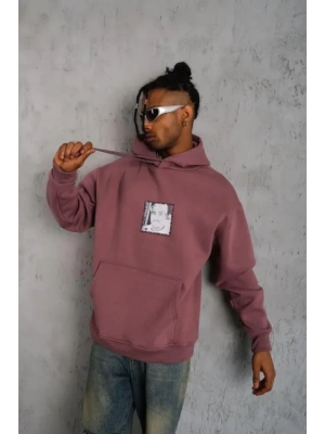 Erkek Ön Arka Baskılı Kapşonlu weat  Gül Kurusu