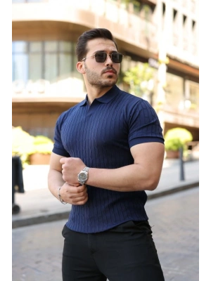Erkek Örgü Desen Yakalı Kısa Kollu Triko Tişört