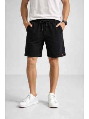 Erkek Otoban Dokuma Şort Beli astikli Bağcıklı, Cepli, Rahat Kesim Günlük Yazlık Şort  iyah