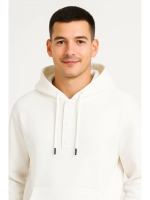 Erkek Ovarsize Kapüşonlu wetshirt Kanguru Çepli Cıtcıtlı 3 Iplik Şardonlu Hoodie  Beyaz