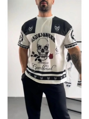 Erkek Oversize Dijital Baskılı Kuru Kafa Tshirt  Beyaz