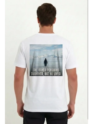 Erkek Oversize Tişört  ırt Baskılı urvivor Penguin Temalı, Felsefi Yazılı Bisiklet Yaka Tişört  Beyaz