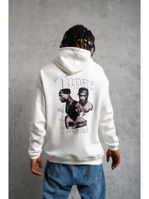 Erkek Oversize Üç İplik Kapüşonlu weat – Kol Ve Etek Ribana Detaylı, Ön Ve ırt Baskılı, Kanguru Cepli Rahat Kalıp odel  Beyaz