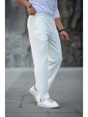 Erkek Paça Yırtmaçlı Burgu elanik Dokulu Jogger Buggy Pantalon Rahat Kalıp  Beyaz