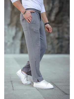 Erkek Paça Yırtmaçlı Burgu elanik Dokulu Jogger Buggy Pantalon Rahat Kalıp  Gri