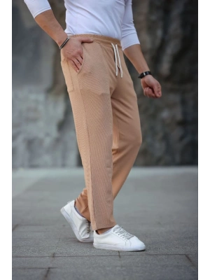 Erkek Paça Yırtmaçlı Burgu elanik Dokulu Jogger Buggy Pantalon Rahat Kalıp  Kahverengi