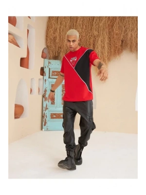 Erkek Parçalı Baskılı Oversize Tshirt  Kırmızı