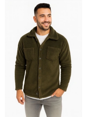 Erkek Pelüş Polar Hırka Gömlek – Yakalı, İlik Düğmeli, Göğüs Cepli, Yumuşak Dokulu Kışlık Regular Fit Rahat Günlük odel  Haki