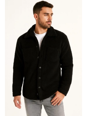 Erkek Pelüş Polar Hırka Gömlek – Yakalı, İlik Düğmeli, Göğüs Cepli, Yumuşak Dokulu Kışlık Regular Fit Rahat Günlük odel  iyah