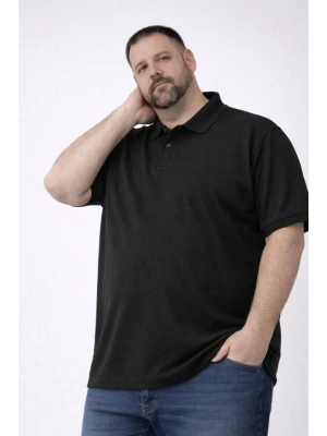 Erkek Pike Kumaş Düğmeli Yaka Battal Büyük Beden Günlük Kısa Kol Tişört Tshirt  Siyah