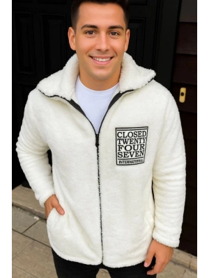 Erkek Polar Fermuarlı weatshirt – Kapüşonsuz, Cepli, Yumuşak Dokulu, Oversize Rahat Kalıp, Kışlık ıcak Tutan Fermuarlı Üst  Beyaz