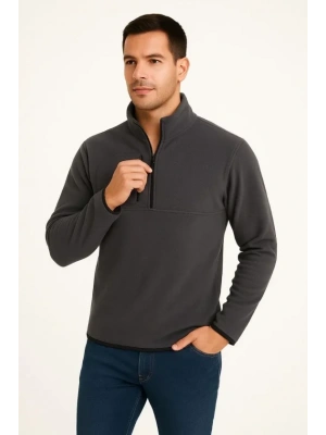 Erkek Polar Kazak Dik Yaka Yarım Fermuarlı Fermuarlı Göğüs Cepli iyah Biyeli  Füme