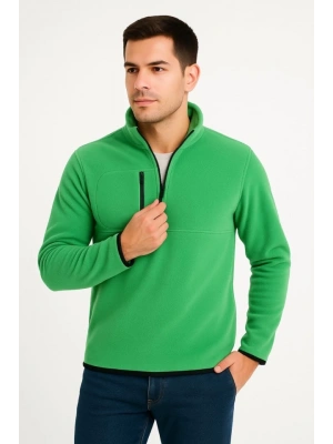 Erkek Polar Kazak – Dik Yaka, Yarım Fermuarlı, Fermuarlı Göğüs Cepli, iyah Biyeli, Kışlık Rahat Regular Fit Günlük odel  Yeşil