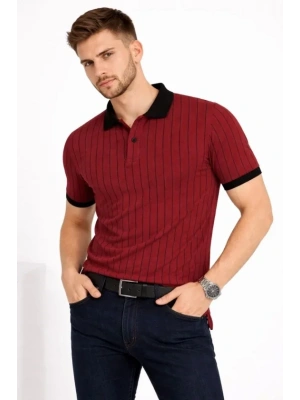 Erkek Polo Yaka Çizgili Tişört Kısa Kol Düğmeli Yazlık Thirt  Bordo