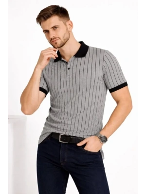 Erkek Polo Yaka Çizgili Tişört Kısa Kol Düğmeli Yazlık Thirt  Gri