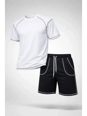 Erkek por Tişört Şort Takım Kontrast Dikiş Detaylı Ovarsize Rahat Kalıp  Beyaz