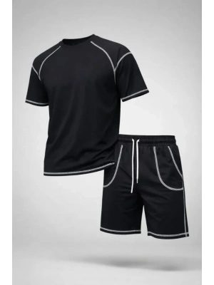 Erkek por Tişört Şort Takım Kontrast Dikiş Detaylı Ovarsize Rahat Kalıp  iyah