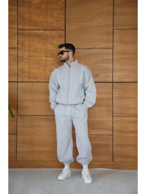 Erkek Premium Parçalı Eşofman Takım  Dik Yaka Fermuarlı Biyeli weatshirt astik Paça Alt, Oversize 3 Iplik Şardonlu  Gri