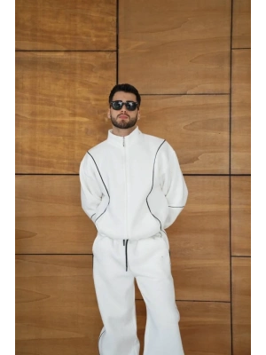 Erkek Premium Parçalı Eşofman Takım  Dik Yaka Fermuarlı Biyeli weatshirt astik Paça Alt, Oversize 3 Iplik Şardonlu  Beyaz