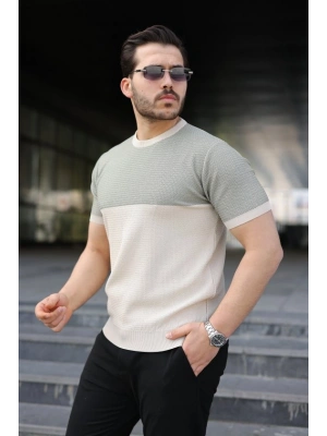 Erkek Renk Bloklu Bisiklet Yaka Kısa Kollu Triko Tişört