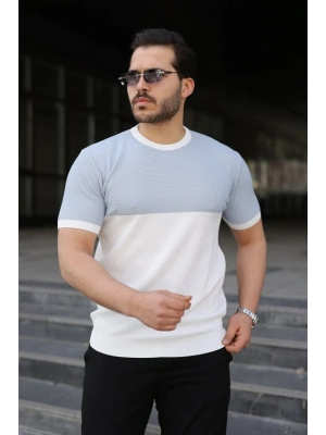 Erkek Renk Bloklu Bisiklet Yaka Kısa Kollu Triko Tişört