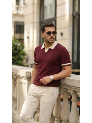 Erkek Renkli Yakalı File Desenli Kısa Kollu Tişört