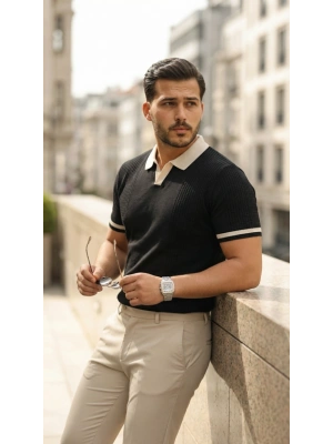 Erkek Renkli Yakalı File Desenli Kısa Kollu Tişört