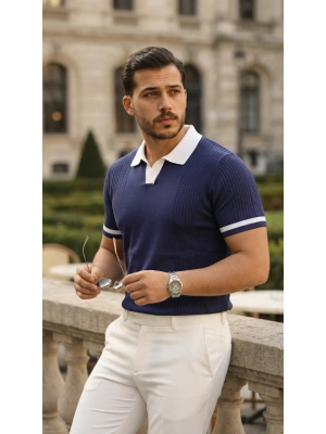 Erkek Renkli Yakalı File Desenli Kısa Kollu Tişört