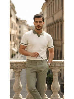 Erkek Renkli Yakalı File Desenli Kısa Kollu Tişört