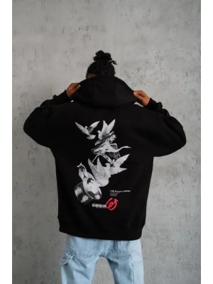 Erkek Şapkalı Güvercin Baskılı Kapşonlu weat  iyah