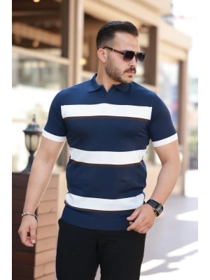 Erkek şerit Desenli Hemşire Yaka Kısa Kollu Tişört