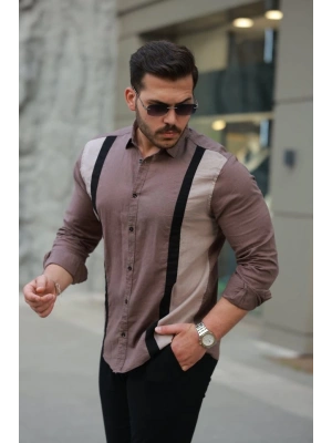 Erkek şerit Detaylı Uzun Kollu Pamuklu Keten Gömlek