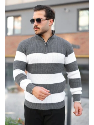 Erkek Şerit Renk Desenli Zip Yaka Kazak
