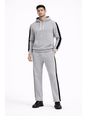Erkek Şeritli Eşofman Takım Kapüşonlu weatshirt Boru Paça Alt, Oversize 3 Iplik Pamuklu  Gri